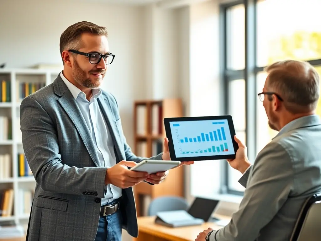 A professional business coach is working with a client in a modern office setting, reviewing business plans and discussing growth strategies, with a focus on strategic planning.