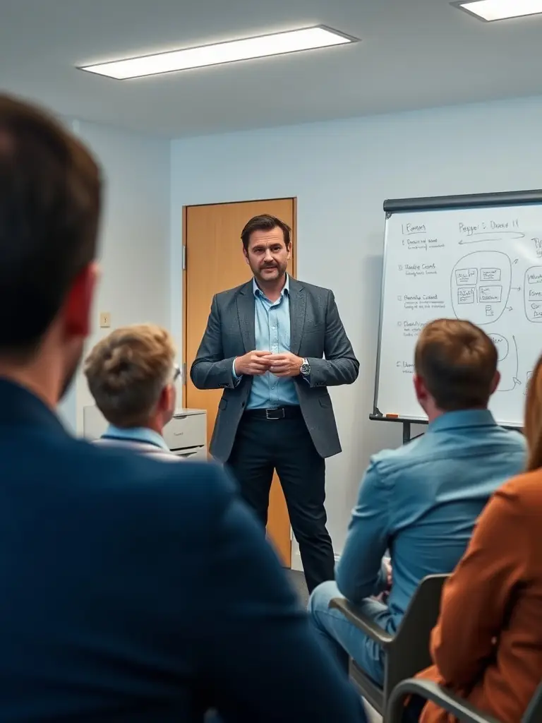An image of a business coach facilitating a strategic planning session with a team, using visual aids like a whiteboard with growth projections.