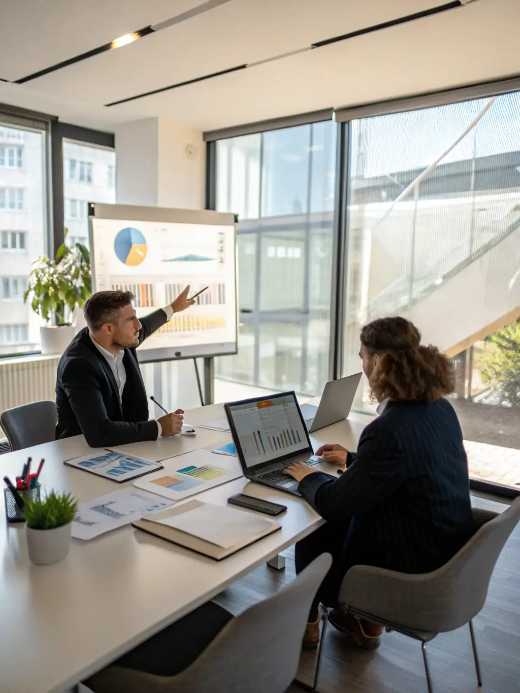 An image of a business coach conducting a one-on-one leadership development session with a manager, focusing on communication and team motivation techniques.
