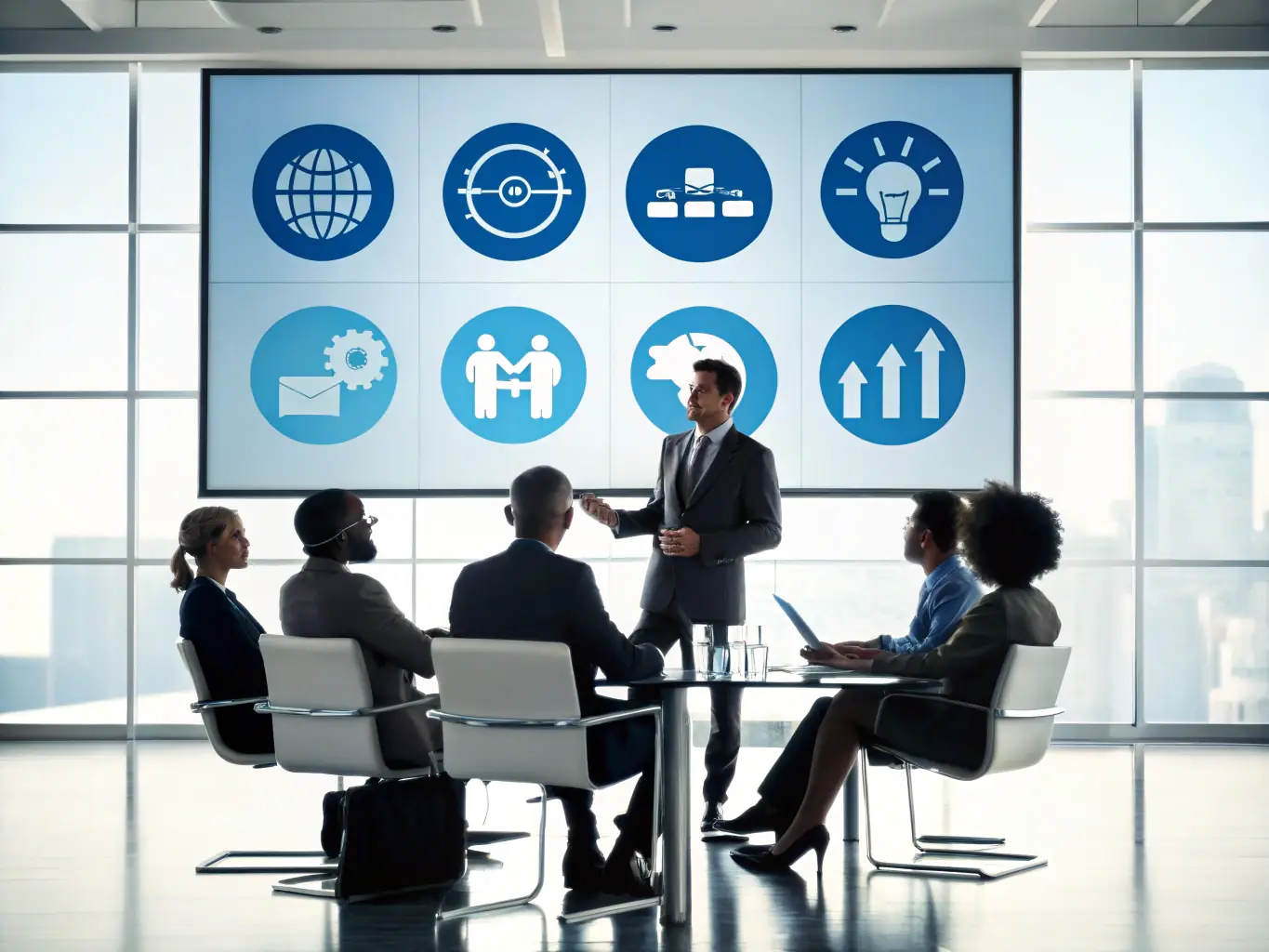 A business coach is leading a workshop with a group of professionals, focusing on leadership skills and team development, in a collaborative environment.