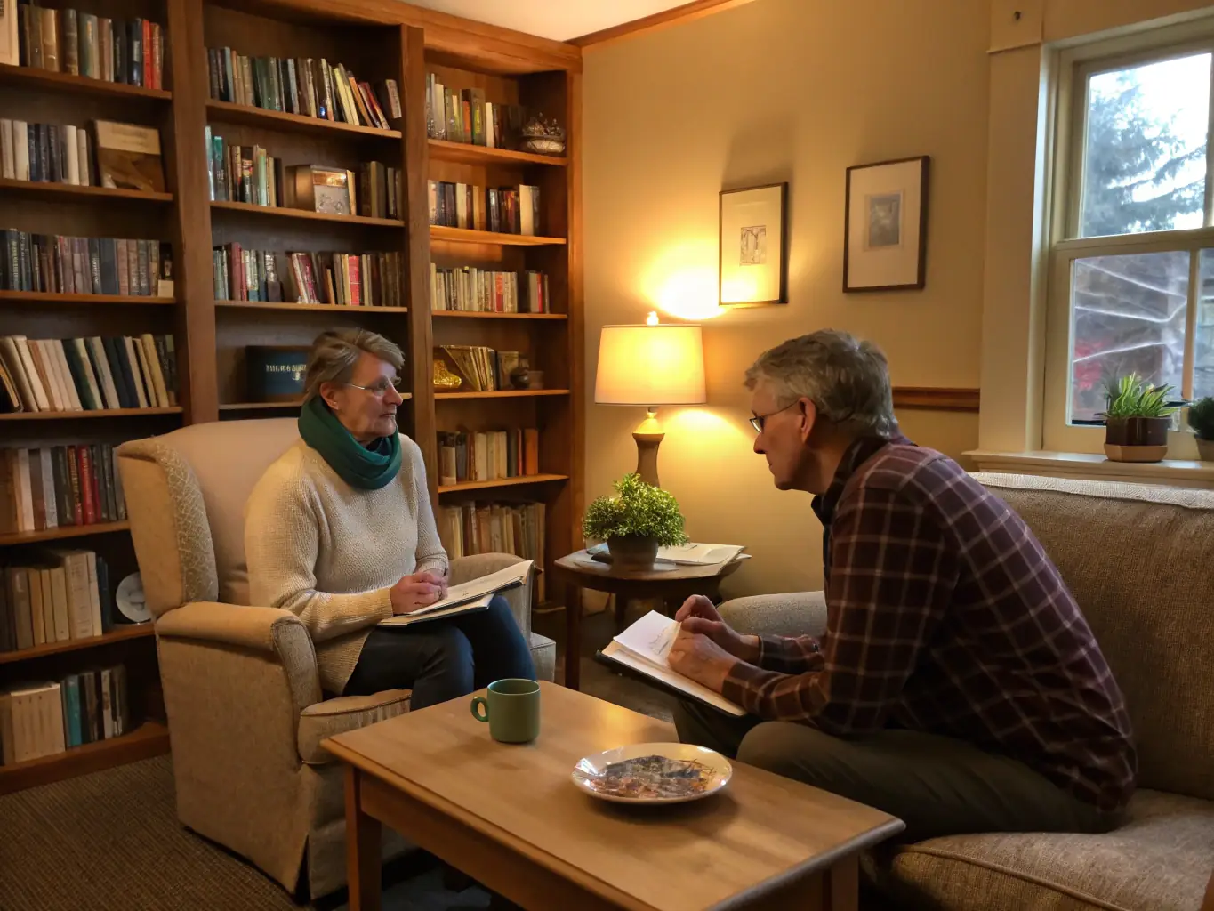 A business coach is conducting a one-on-one session with a client, focusing on mindset development and overcoming limiting beliefs, in a quiet and supportive setting.